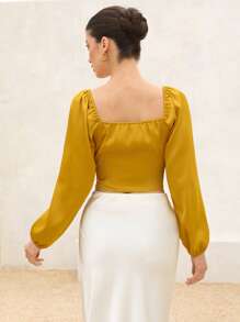 Aveloria Rosie Blouse à manches courtes et longues, col carré satiné brillant, avec nœud à la taille, style romantique français de vacances