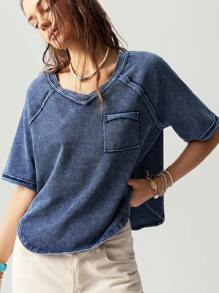 Bohemela Casual Solid Color V-Neck Short Sleeve Loose Washed Plus Size T-Shirt,Vintage - Blue - View 5