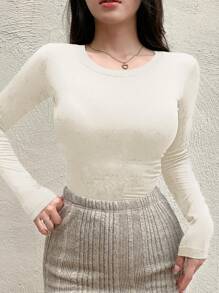 DAZY Women's Solid Color Long Sleeve T-Shirt, Casual And Simple For Everyday Wear - White - View 4