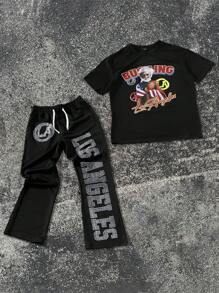 Manfinity EMRG 2pcs Men's Casual Letter & Pentagram Print Short Sleeve T-Shirt And Pants Set,Men Two Pieces Outfits,Men Tracksuit,Gothic Style Graphic,Boy Friend Gift