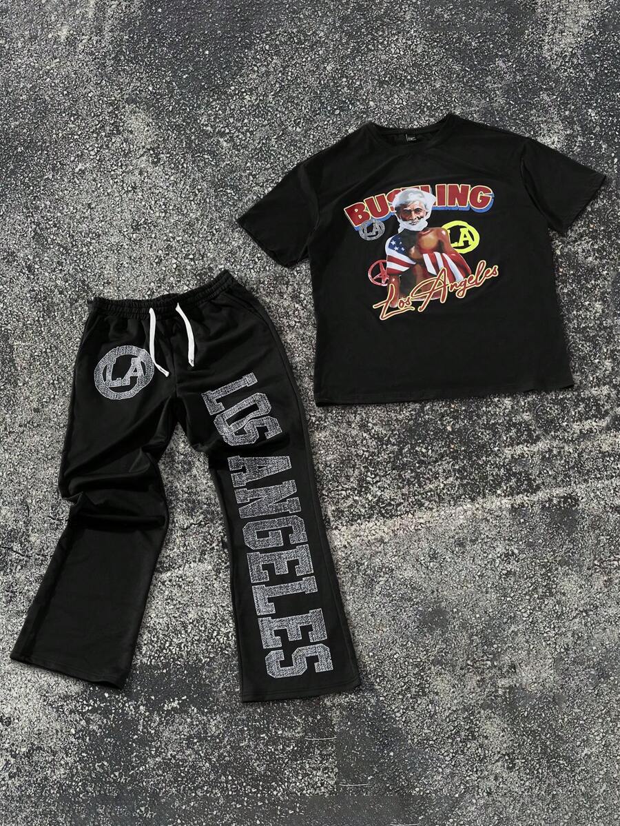 Manfinity EMRG 2pcs Men's Casual Letter & Pentagram Print Short Sleeve T-Shirt And Pants Set,Men Two Pieces Outfits,Men Tracksuit,Gothic Style Graphic,Boy Friend Gift