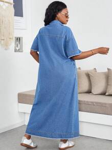 SHEIN Lady Plus Size Long Denim Casual Short Sleeve Dress, Blue Summer Vacation Outfits Woman 90s Clothes Spring Outfits For Women Y2k Clothes Cowgirl Outfits For Women Rave Spring Break Outfits Going Out Outfits Streetwear 2000s Style Concert Outfits Old Money Vegas Night Outfit Festival Outfits For Women Rave Outfits Festival Easter Women Birthday Outfits For Women Beach Outfits For Woman Boho Ibiza Fits Festival Outfits For Women - Blue - View 4