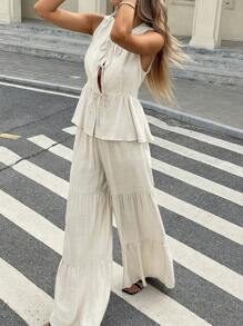 Serisse Bộ 2 quần và áo vest không tay màu trơn cho nữ, trang phục thường ngày thời trang tối giản, bộ hai món áo babydoll không tay và quần ống rộng dài đến gối, nơ cài trước và giữa, vải họa tiết màu trơn, kỳ nghỉ thanh lịch, thích hợp mặc hàng ngày, xuân/hè - Màu be - Xem 5