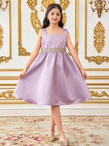 SHEIN Leap Crew Tween Girl Fit Elegant Casual Jacquard Small Stand Collar Waistcoat Dress & Cape Two-Piece Set - Purple - View 2