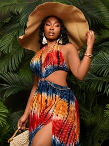 SHEIN SXY Plus Size Women's Spring & Summer Tie-Dye Ruched Backless High Slit Dress,Navy Blue,Summer,Boho,Bridesmaids,Vacation,Holiday, Beach Party Outfit - Multicolor - View 4