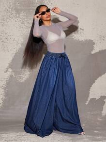 Vixey 抽绳可调节腰部超宽腿裤，女士春季服装，夏季服装，春季服装，女士街头服饰 - 藍色 - 查看 3