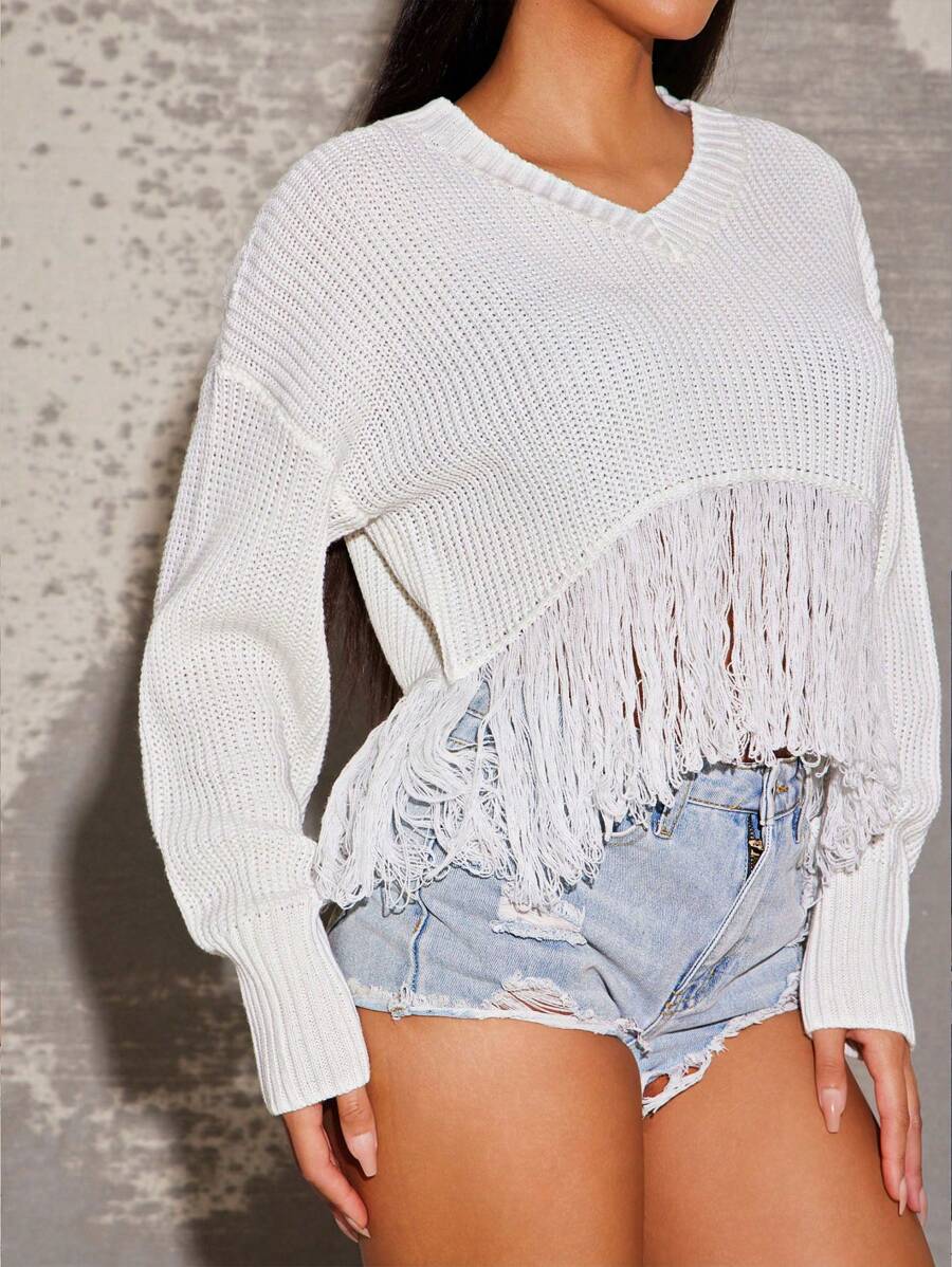Vixey V 领流苏下摆针织长袖毛衣上衣，波西米亚风女装 - 米色 - 查看 1