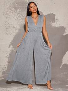 Vixey Deep V Neck Brushed Jersey Wide Leg Jumpsuit - Grey - View 4