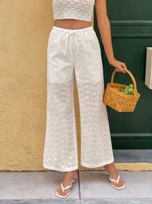 Calvaya Solid Color Embroidered Tie-Waist Straight-Leg Casual Pants
