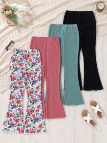 SHEIN Tween Girls Casual Ditsy Floral Digital Print & Solid Ribbed Wide Leg Pants, Multi-Pack - Multicolor - View 2