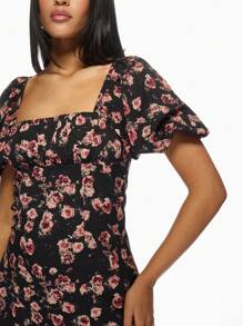 MISSGUIDED Floral Milkmaid Midi Dress With Ruched Bust Puff Sleeves Side Split Square Neck Summer Wedding Guest Tea Party Dress - Black - View 4