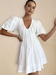 Poéselle Classic White Elegant Puffy Sleeve Pleated Mini Dress - A Timeless Choice For Summer Events And Daytime Outings, White Dresses, Summer Women's Clothing - White - View 1