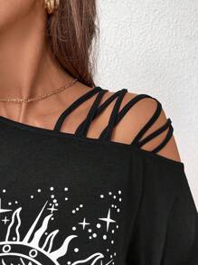 SHEIN LUNE 女士休闲针织太阳和月亮印花不对称肩短袖 T 恤春夏季 - 黑色 - 查看 7