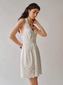 SHEIN LUNE Women's V-Neck Cinched Waist Burnout Textured Slip Dress - White - View 4