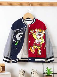 Cute And Comfortable Cartoon Animal Pattern Contrast Stitching Thermal Lined Jacket For Boys - Navy Blue - View 5