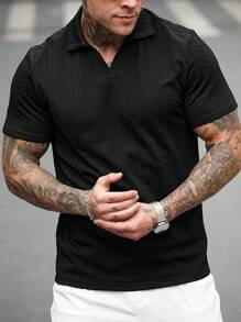 Manfinity Homme Men's Casual Daily Wear And Vacation Attire, Featuring A Black Knitted V-Neck Short-Sleeve Polo Shirt With A Geometric Textured Solid-Color Jacquard Design. This Polo Is Suitable For Refreshing Looks In All Seasons And Is Perfect For Hawaiian Beach Vacation. It's Also Great For Couple Matching And Serves As An Excellent Gift Idea For Boyfriends Or Husbands, Ensuring A Stylish Combination - Black - View 3