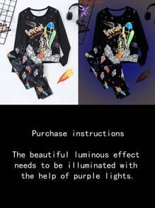 2pcs/Set Teen Boys Rocket & Aerospace Glow In The Dark Print Pants, Skinny Fit Tie Dye Pajamas Set - Black - View 4