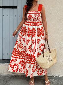 SHEIN Clasi Flowers Birds Plus Size Boho Floral Printed Casual Wide Strap Dress, Minimalist & Stylish For Daily Wear, For Summer Tropical Colorblock Floral Print Vacation Fashionable Style - Multicolor - View 5