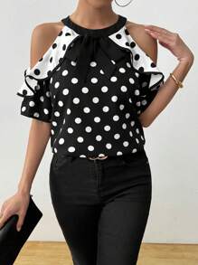 Calvaya Blouse à pois, chemise élégante pour femme, blouse à volant romantique, contraste de couleur noir et blanc