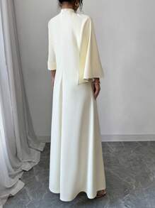 Selianne Váy dạ hội sang trọng dành cho nữ, đính hạt thủ công ở giữa phía trước, lễ hội Eid, tay áo 3/4, váy dệt kim - Màu be - Xem 2