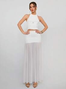 Aloruh Women Elegant Solid Open Back Halter Neck Top & Mesh Patchwork Skirt 2 Pieces Set - White - View 1