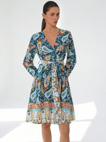 SHEIN Privé 女式复古印花 V 领束腰蝴蝶结装饰喇叭下摆长袖迷你连衣裙 - 彩色 - 查看 5