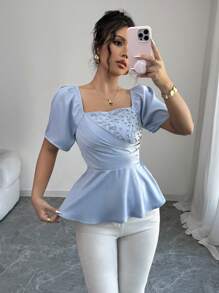 Elenzga Women's Elegant Beaded Detail Puff Sleeve Pleated Ruffle Hem Blouse - Blue - View 5