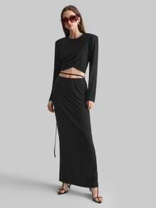 Ontre Nouveau T-shirt court à encolure ronde, larges bretelles, col croisé drapé, manches courtes pour femmes, style minimaliste élégant, saison printemps, rétro vintage - Noir - Voir 8