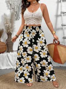 Breezaya 大码女式花卉印花松紧腰休闲阔腿裤 - 黑色 - 查看 4