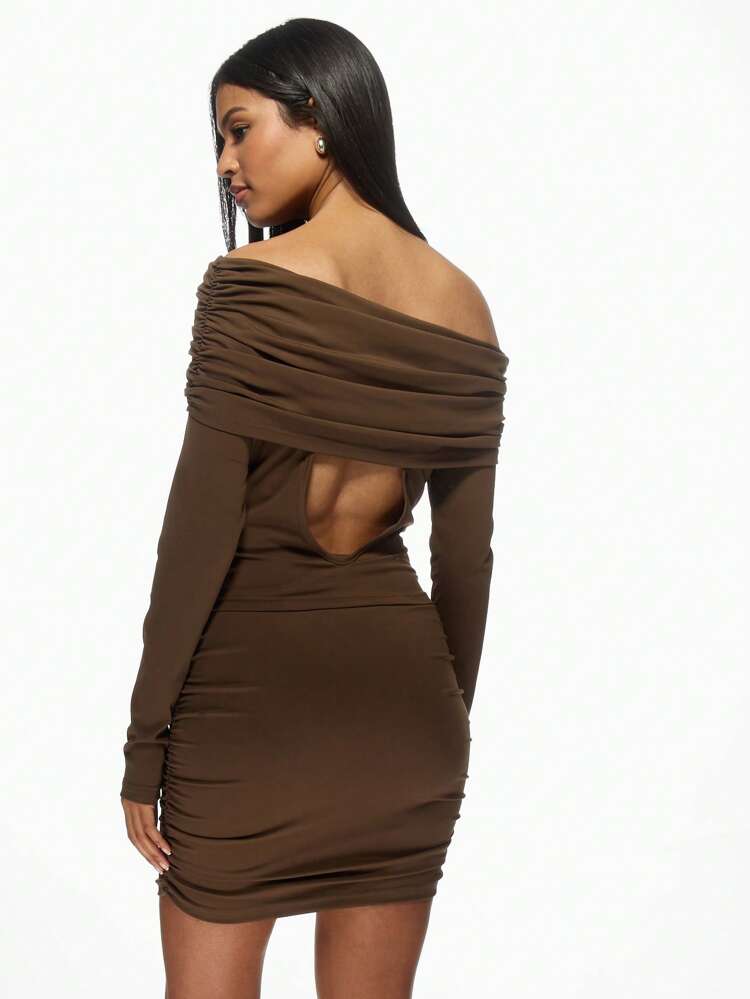 MISSGUIDED Conjunto Drapeado com Ombros à Mostra, Top de Manga Longa Curta e Saia Mini, Coordenado Bodycone para Festa, Clube, Saída à Noite