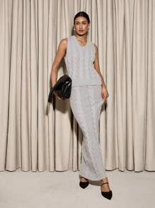 AiiRZ Luxury Cable Knit Sweater Vest And Maxi Skirt Set Elegant Winter Holiday Party Two-Piece Outfit Cozy Sophisticated Evening Wear - Grey - View 1