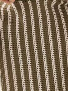 Manfinity VCAY Standard Size Men's Fashion Casual Knitted Hollow Mesh White And Green Striped Loose Dropped Shoulder T-Shirt, Summer, School - Green - View 5