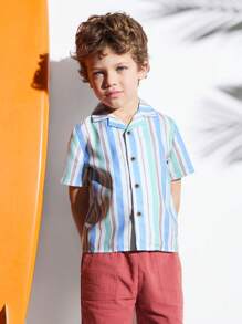 SHEIN Young Boys Striped Retro Wooden Button Placket Shirt - Multicolor - View 1