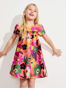 SHEIN Young Girl Floral Print Round Neck Loose Fit Short Sleeve Dress, Vacation Style