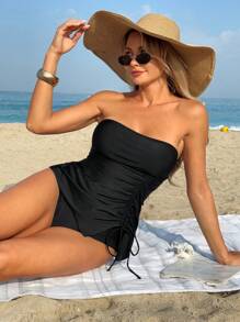 Swim Lushoire Women's Bandeau Side Drawstring Slim Casual Tankini Swimwear, Summer Beach Vacation - Black - View 5