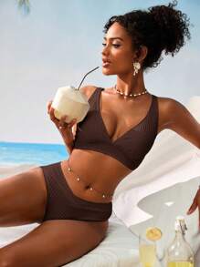 Swim Vcay Women V-Neck Textured Striped Bikini Set For Summer Beach Vacation - Brown - View 5