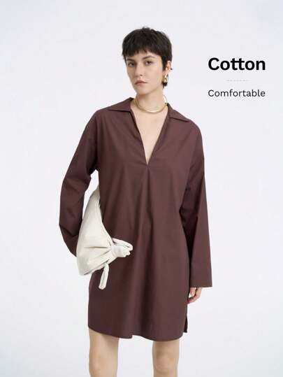 SHEIN Clasi 女士百搭简约优雅编织 100% 纯棉 V 领长袖宽松 A 字迷你连衣裙，适合秋冬季