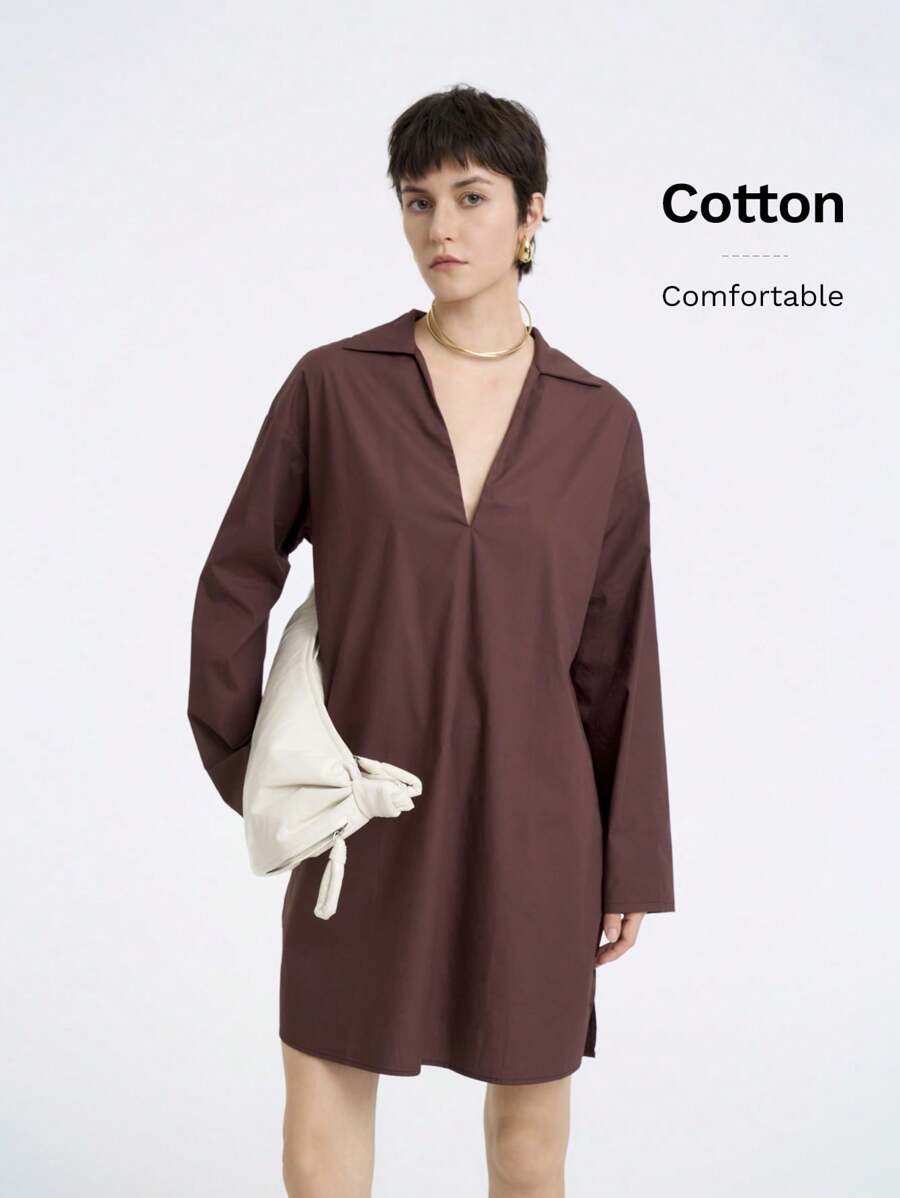 SHEIN Clasi 女士百搭简约优雅编织 100% 纯棉 V 领长袖宽松 A 字迷你连衣裙,适合秋冬季 - 中紫紅色 - 查看 1