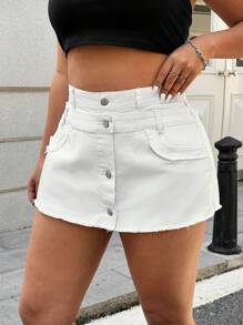 SHEIN EZwear Plus Size Women Single-Breasted Raw Hem Casual Denim Skort - White - View 5