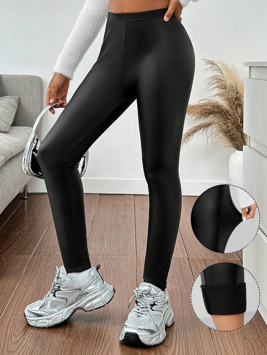 SHEIN SLAYR Tween 女童休闲日常穿着黑色高弹力 PU 紧身裤 - 黑色 - 查看 1