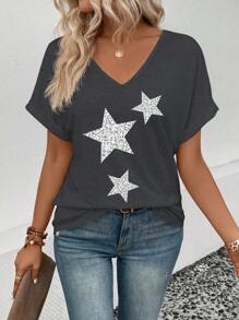 SHEIN Camiseta holgada y versátil de mujer con cuello en V, mangas vueltas y estampado de estrellas, para primavera y verano