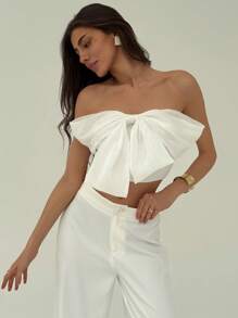 Aloruh White Contrast Fabric Bow Front Bustier Crop Top, Romantic For Wedding And Date