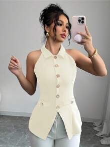 Gloray 女士时尚翻领正面纽扣点缀金属扣腰部修身海军蓝设计衬衫 - 杏色 - 查看 6