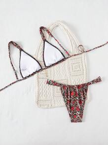 Swim SXY Beach Summer 2 Pieces Women's Leopard & Rose Print Sexy Thick Strap Tied Metal Pendant Bikini Set - Multicolor - View 7