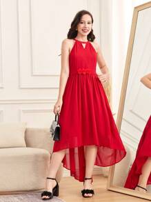 SHEIN Teen Girl Solid Color 3D Floral Decor Sleeveless Halter Dress - Red - View 3