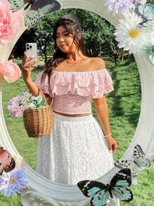 SHEIN LUNE 大码女式优雅灯笼袖撞色褶饰花卉刺绣修身上衣，百搭 - 粉色 - 查看 4