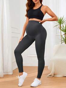 SHEIN Leggings de embarazo de unicolor con panel de soporte para el vientre y control de abdomen
