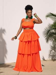 Slaydiva Nuevo conjunto de 2 piezas talla grande para 2025: Falda de volantes de color naranja liso y vestido largo con top de chaleco fruncido