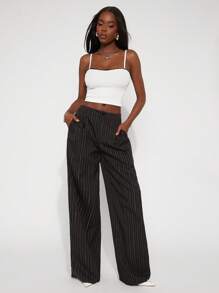 NYA SZN Quần dài ống rộng kẻ sọc mùa xuân, thích hợp cho lễ hội, hè, công sở, tiệc brunch, đi làm, dự tiệc cưới, sự kiện đặc biệt, lễ hội hóa trang dành cho nữ. - màu đen - Xem 2