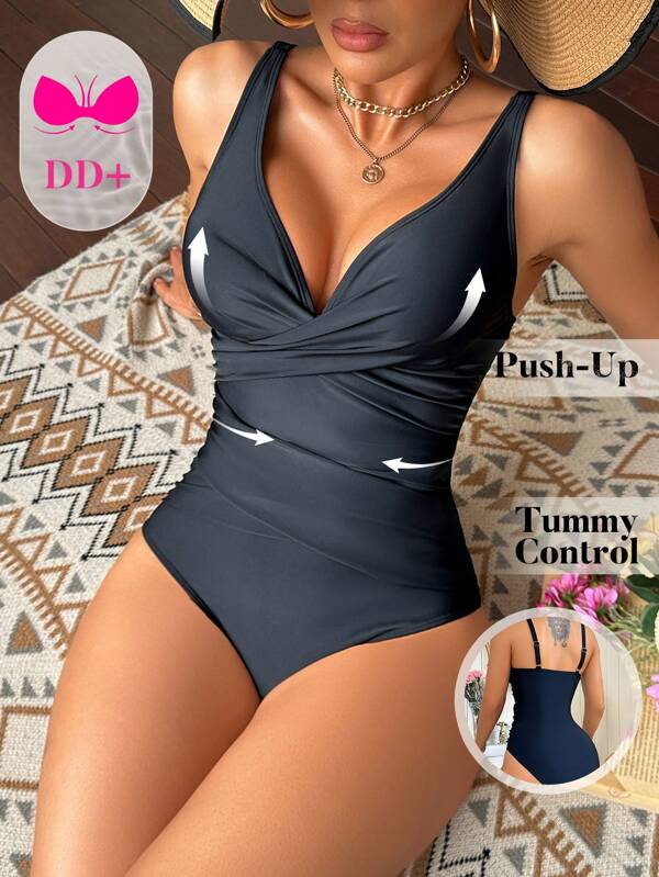 Swim DD+ 1 pieza Traje de baño de una pieza con cruce delantero de unicolor para mujeres, para vacaciones de verano en la playa